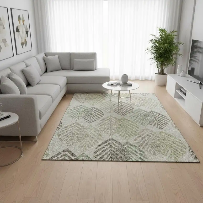 Taupe Brown And Green Floral Washable Area Rug With UV Protection Photo 2