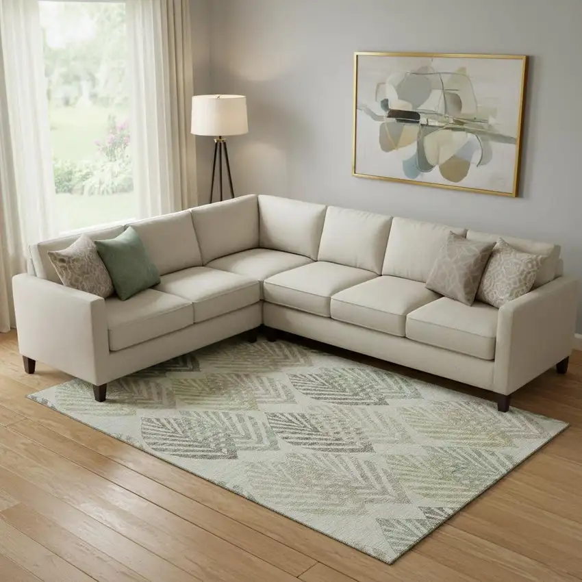 Taupe Brown And Green Floral Washable Area Rug With UV Protection Photo 1