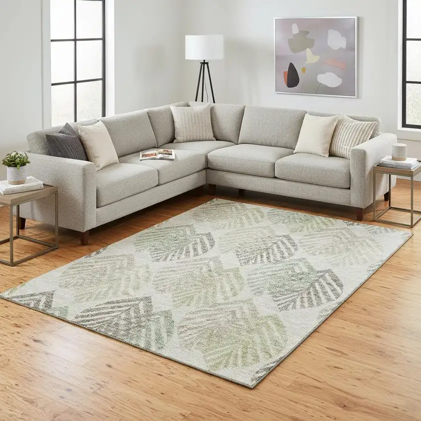 Taupe Brown And Green Floral Washable Area Rug With UV Protection Photo 2