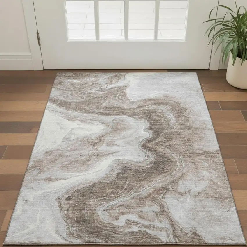 Taupe Brown And Ivory Abstract Washable Area Rug With UV Protection Photo 2