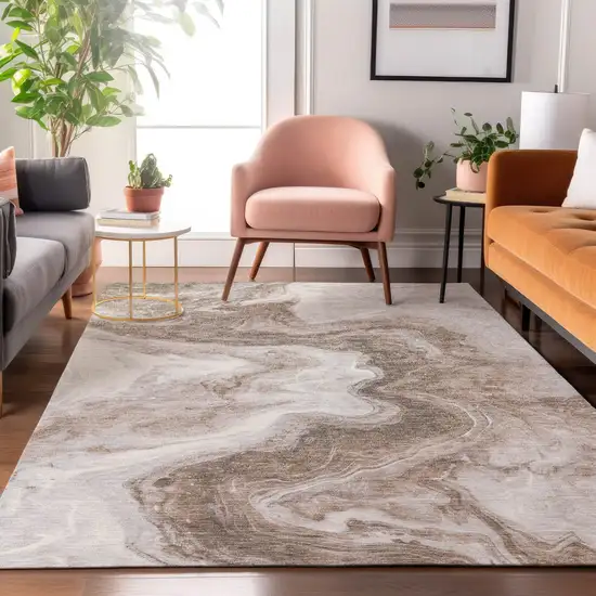 Taupe Brown And Ivory Abstract Washable Area Rug With UV Protection Photo 5