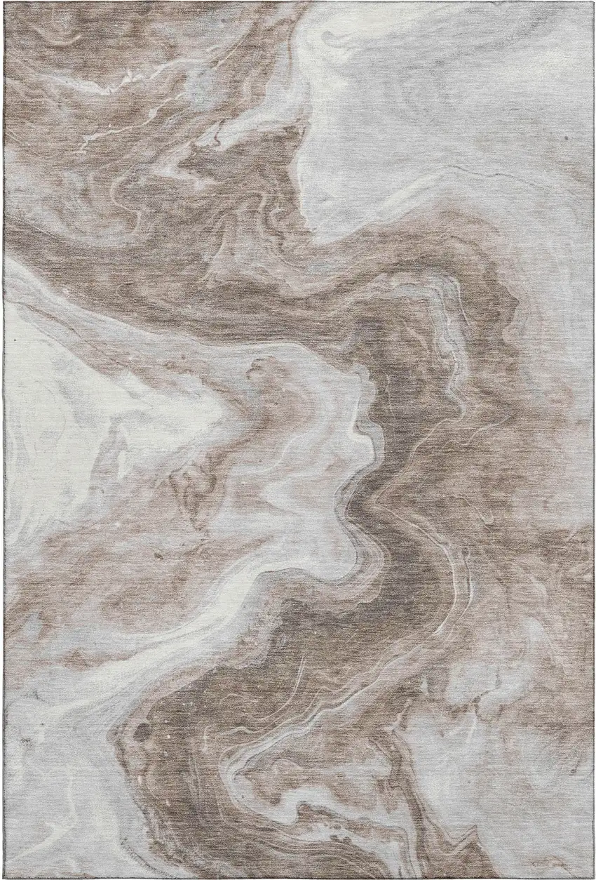 Taupe Brown And Ivory Abstract Washable Area Rug With UV Protection Photo 1
