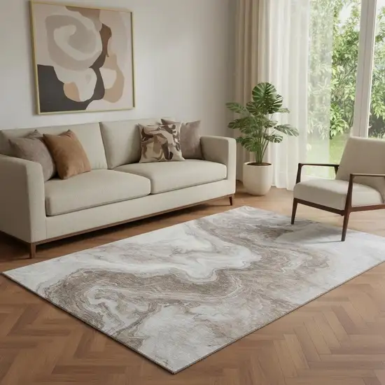 Taupe Brown And Ivory Abstract Washable Area Rug With UV Protection Photo 2