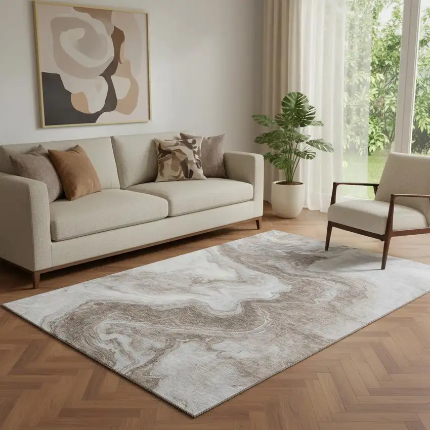 Taupe Brown And Ivory Abstract Washable Area Rug With UV Protection Photo 2