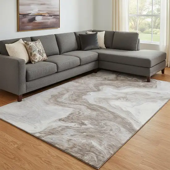 Taupe Brown And Ivory Abstract Washable Area Rug With UV Protection Photo 2