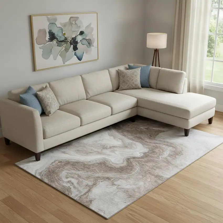 Taupe Brown And Ivory Abstract Washable Area Rug With UV Protection Photo 2