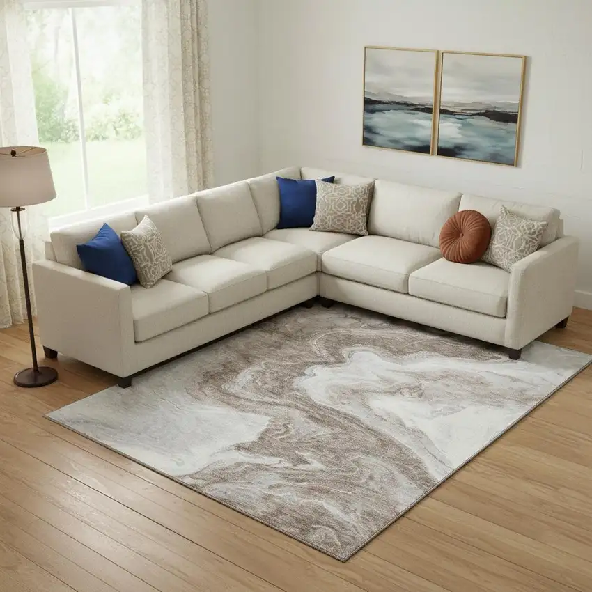 Taupe Brown And Ivory Abstract Washable Area Rug With UV Protection Photo 2