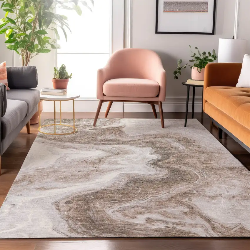 Taupe Brown And Ivory Abstract Washable Area Rug With UV Protection Photo 5