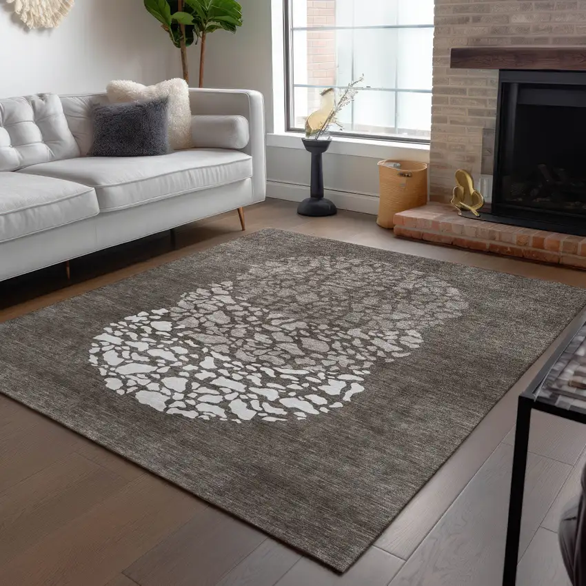 Taupe Brown And Ivory Abstract Washable Indoor Outdoor Area Rug Photo 9