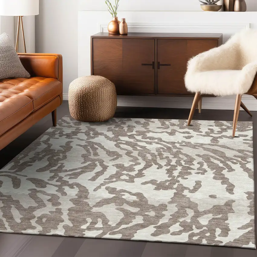 Taupe Brown And Ivory Animal Print Washable Indoor Outdoor Area Rug Photo 9