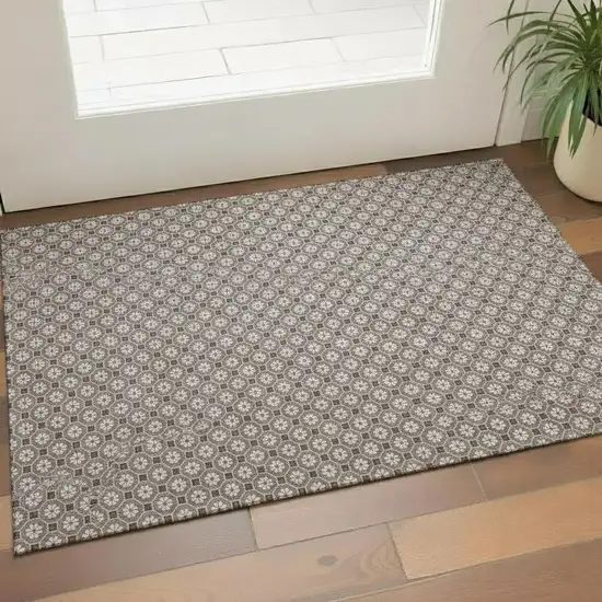 Taupe Brown And Ivory Geometric Washable Area Rug With UV Protection Photo 2