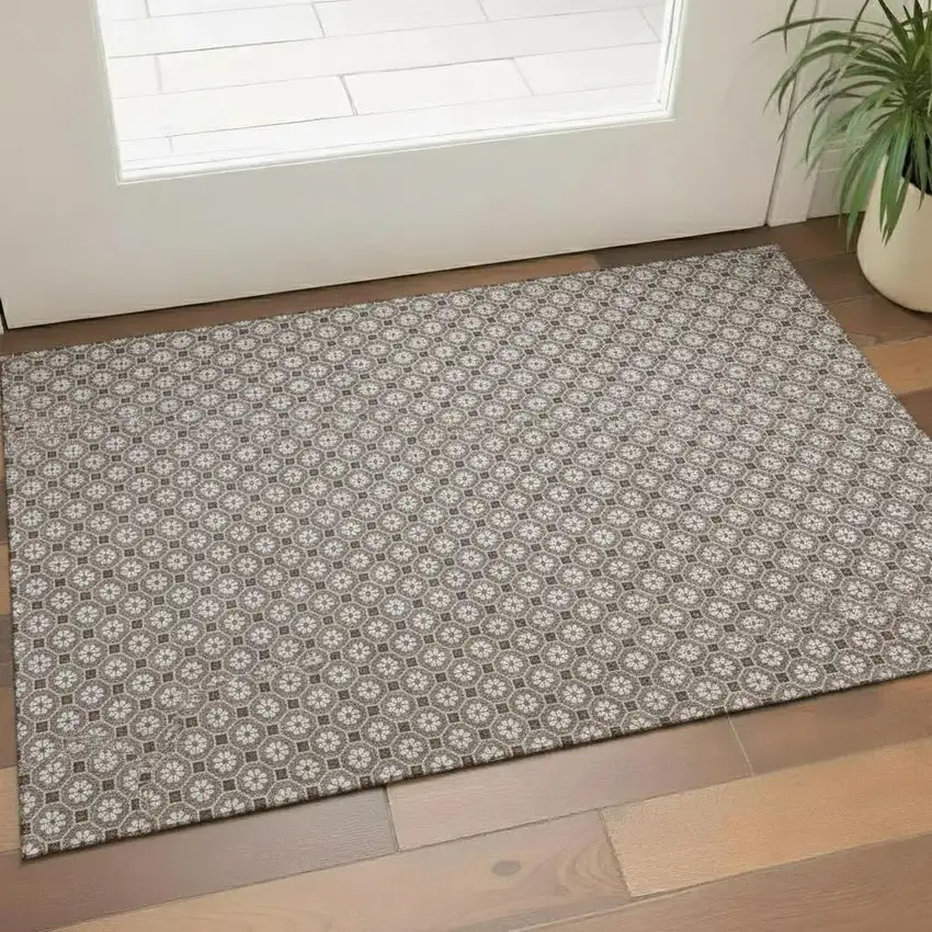 Taupe Brown And Ivory Geometric Washable Area Rug With UV Protection Photo 2