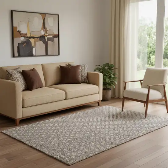 Taupe Brown And Ivory Geometric Washable Area Rug With UV Protection Photo 2