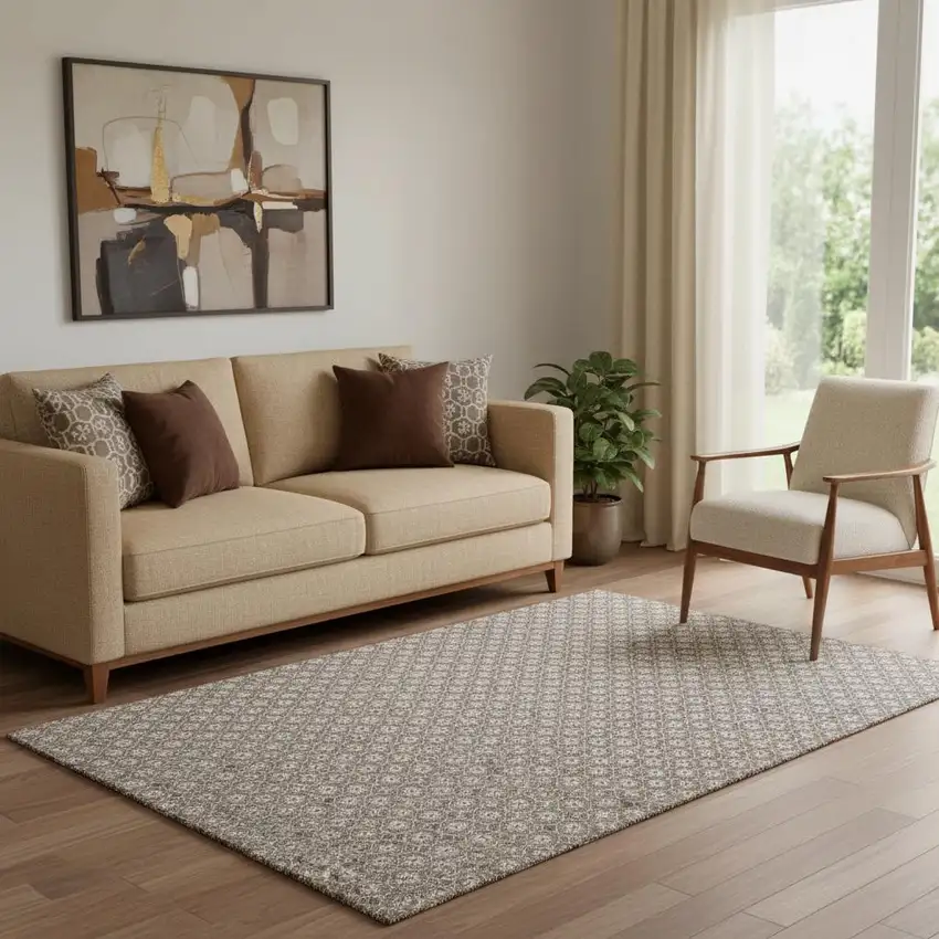 Taupe Brown And Ivory Geometric Washable Area Rug With UV Protection Photo 2