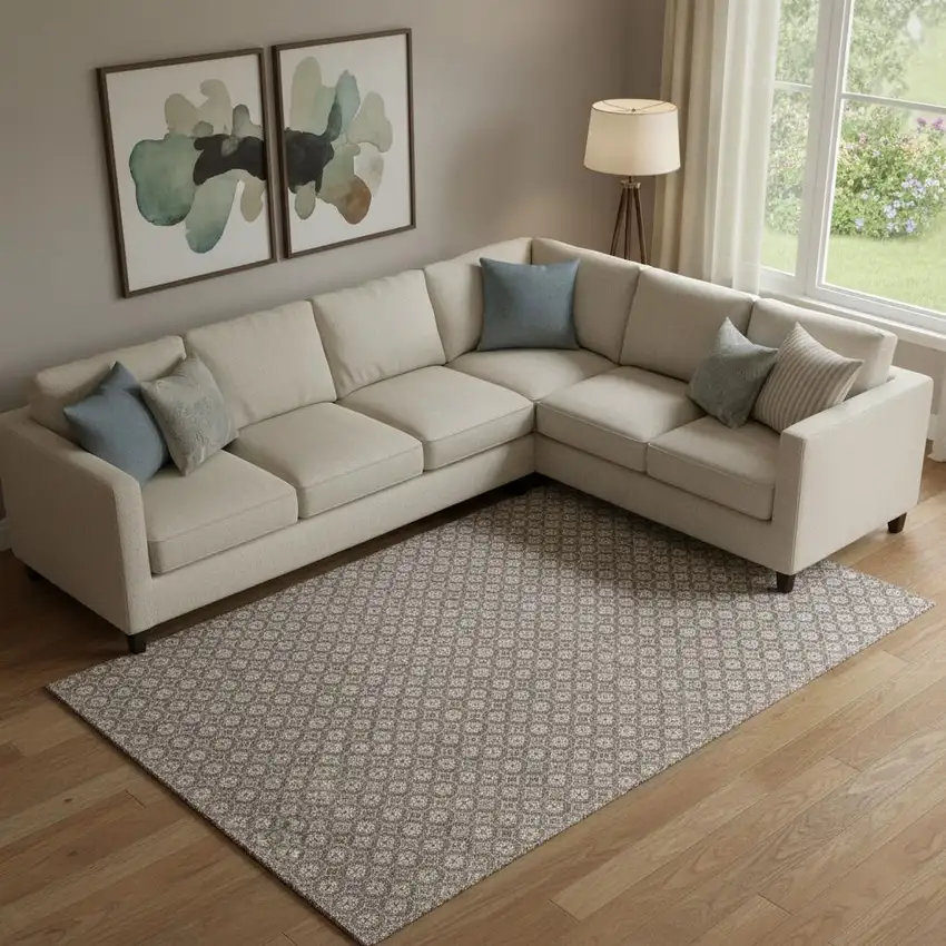 Taupe Brown And Ivory Geometric Washable Area Rug With UV Protection Photo 2