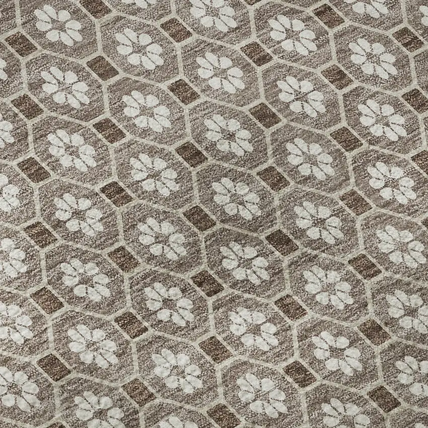 Taupe Brown And Ivory Geometric Washable Area Rug With UV Protection Photo 9