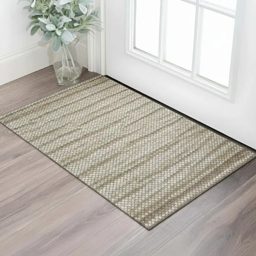 Taupe Brown And Ivory Geometric Washable Area Rug With UV Protection Photo 2
