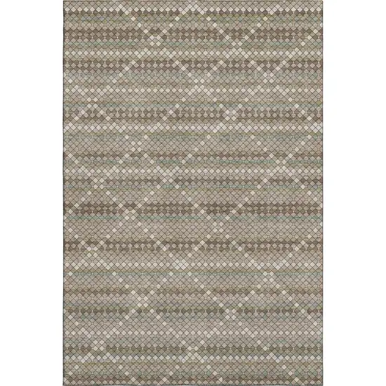 Taupe Brown And Ivory Geometric Washable Area Rug With UV Protection Photo 1