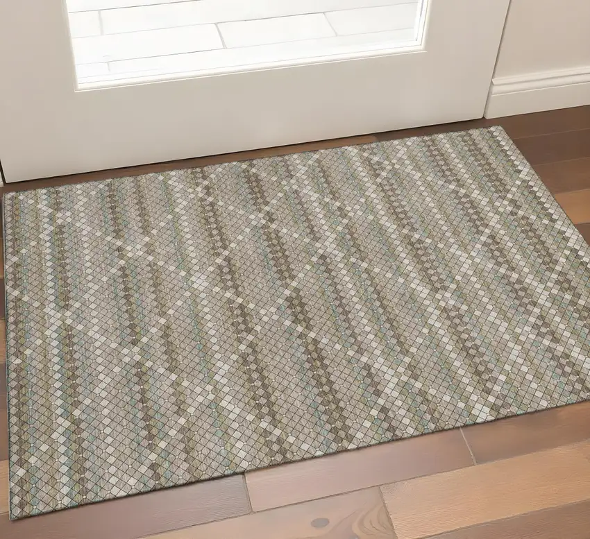 Taupe Brown And Ivory Geometric Washable Area Rug With UV Protection Photo 1