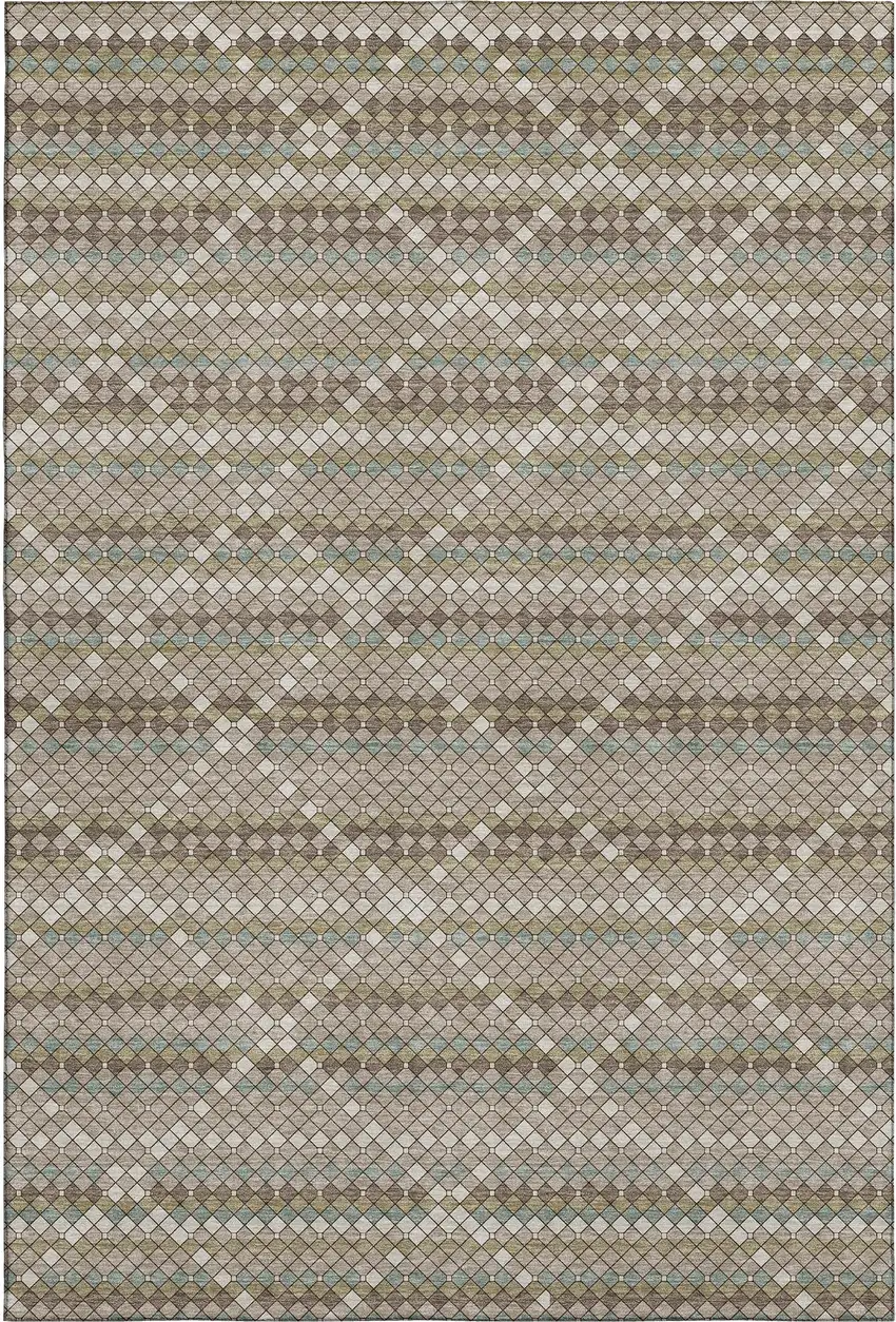 Taupe Brown And Ivory Geometric Washable Area Rug With UV Protection Photo 1