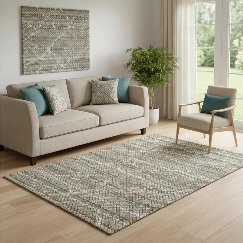 Taupe Brown And Ivory Geometric Washable Area Rug With UV Protection Photo 2