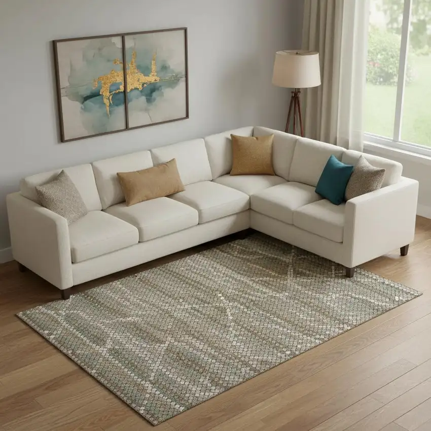 Taupe Brown And Ivory Geometric Washable Area Rug With UV Protection Photo 2