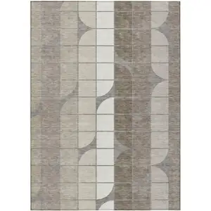 Photo of Taupe Brown And Ivory Geometric Washable Indoor Outdoor Area Rug