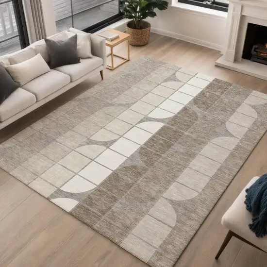 Taupe Brown And Ivory Geometric Washable Indoor Outdoor Area Rug Photo 5