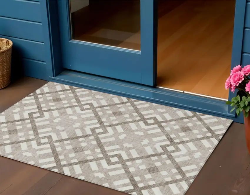 Taupe Brown And Ivory Geometric Washable Indoor Outdoor Area Rug Photo 1