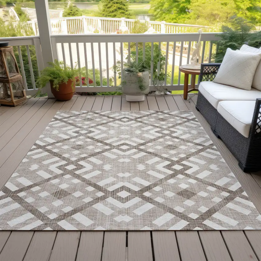Taupe Brown And Ivory Geometric Washable Indoor Outdoor Area Rug Photo 9