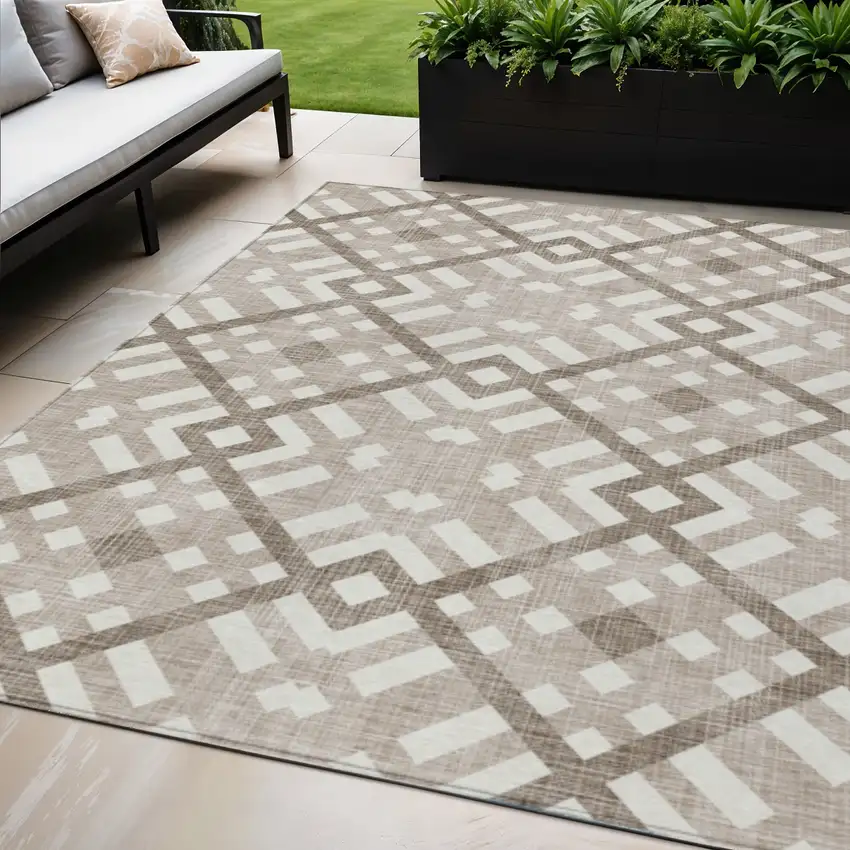 Taupe Brown And Ivory Geometric Washable Indoor Outdoor Area Rug Photo 1