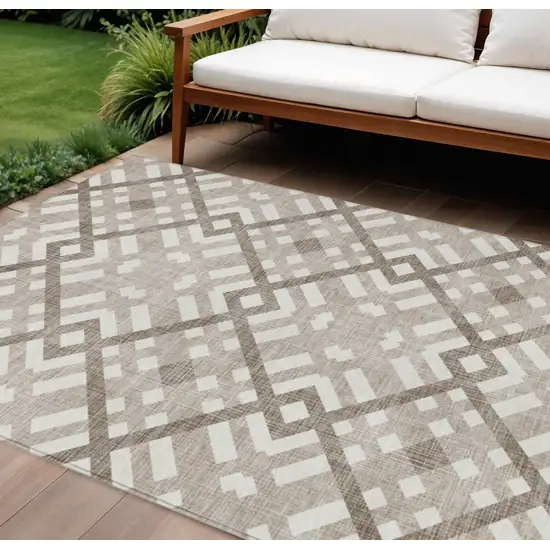 Taupe Brown And Ivory Geometric Washable Indoor Outdoor Area Rug Photo 1