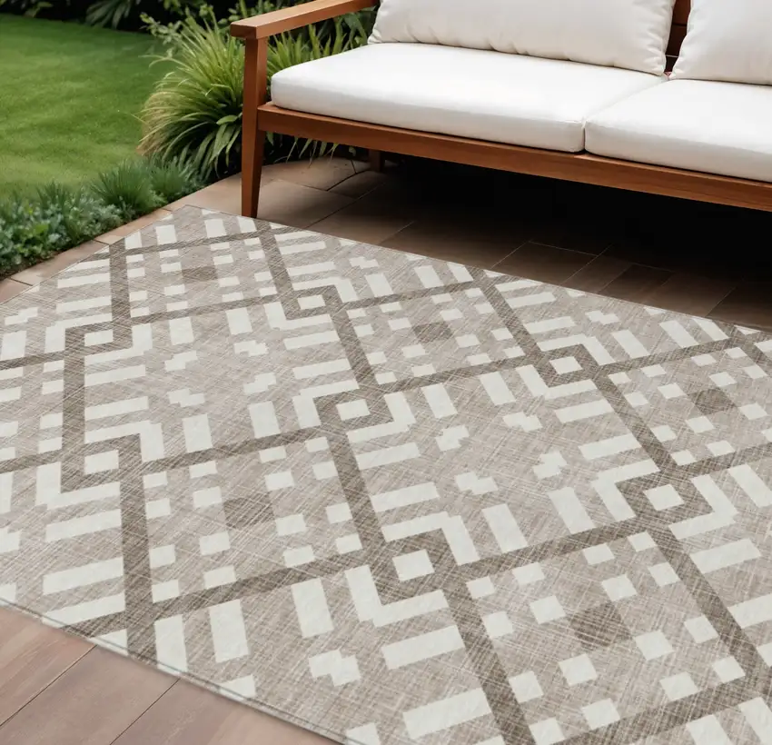 Taupe Brown And Ivory Geometric Washable Indoor Outdoor Area Rug Photo 1
