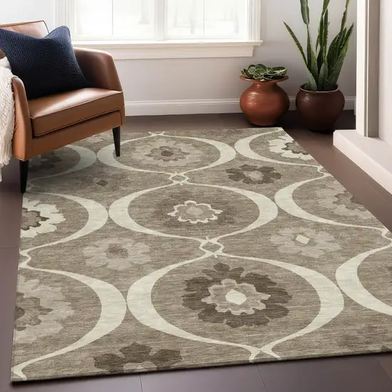 Taupe Brown And Ivory Medallion Washable Indoor Outdoor Area Rug Photo 9