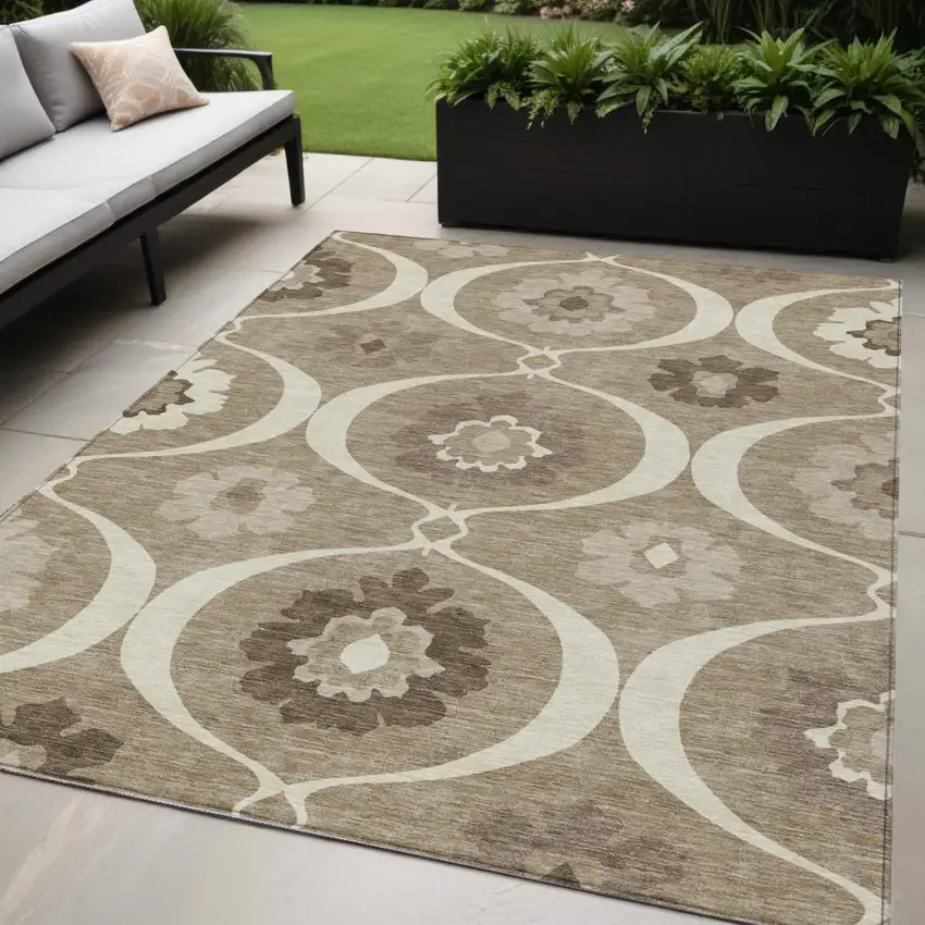 Taupe Brown And Ivory Medallion Washable Indoor Outdoor Area Rug Photo 1