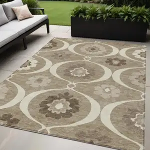 Photo of Taupe Brown And Ivory Medallion Washable Indoor Outdoor Area Rug