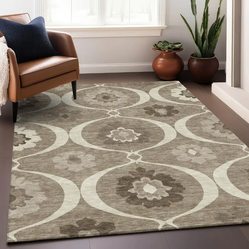 Taupe Brown And Ivory Medallion Washable Indoor Outdoor Area Rug Photo 9