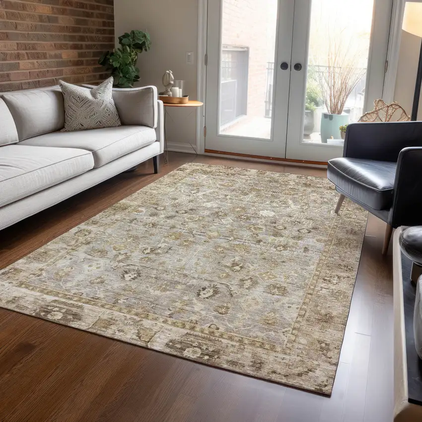 Taupe Brown And Ivory Oriental Washable Indoor Outdoor Area Rug Photo 7