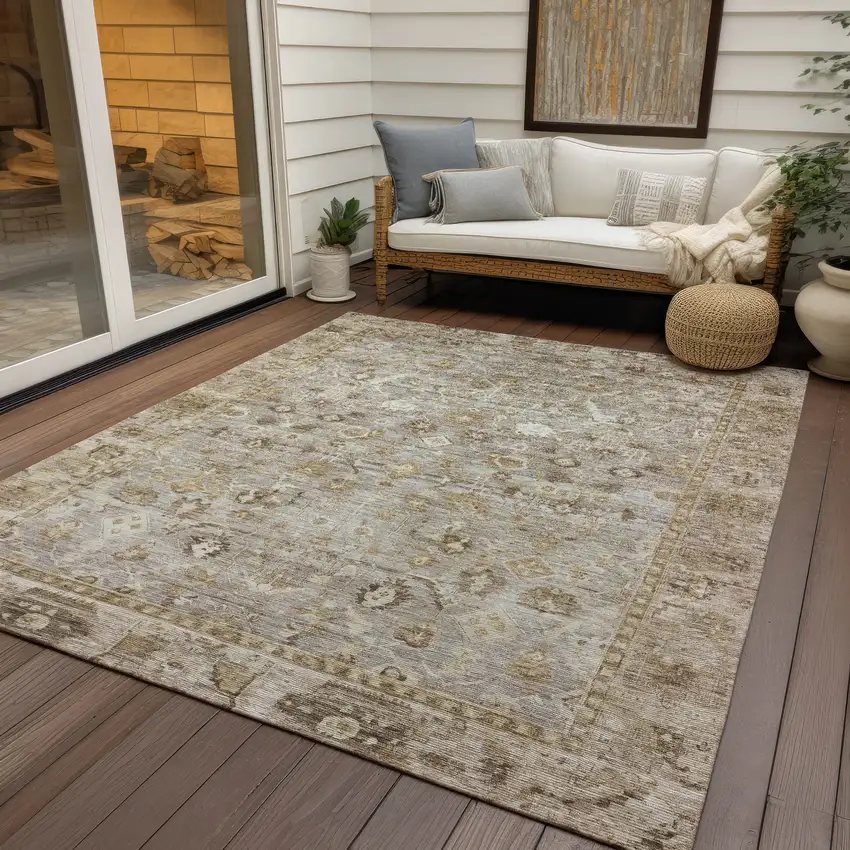 Taupe Brown And Ivory Oriental Washable Indoor Outdoor Area Rug Photo 6