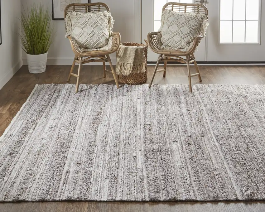 Taupe Brown And Ivory Striped Hand Woven Stain Resistant Area Rug Photo 7