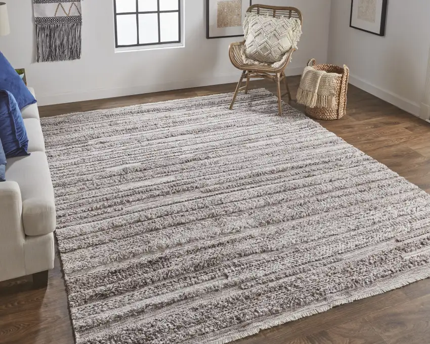 Taupe Brown And Ivory Striped Hand Woven Stain Resistant Area Rug Photo 6