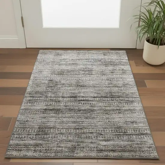 Taupe Brown And Ivory Striped Washable Area Rug With UV Protection Photo 2