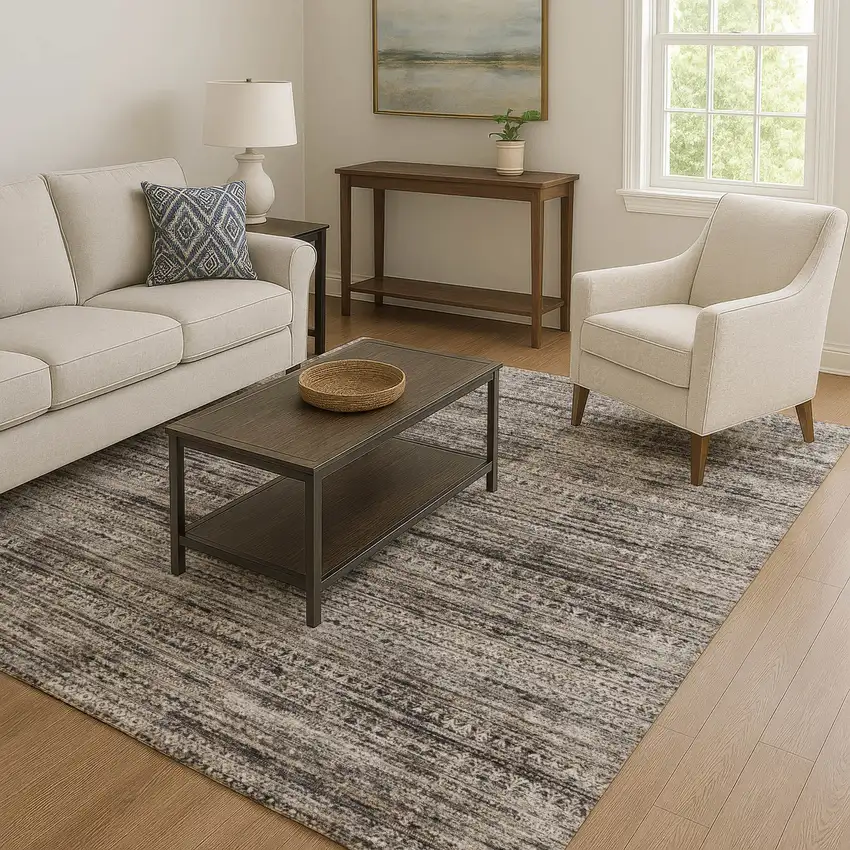 Taupe Brown And Ivory Striped Washable Area Rug With UV Protection Photo 6