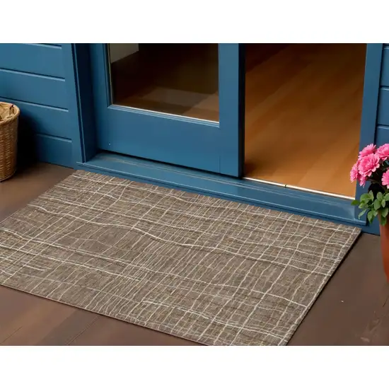 Taupe Brown And Ivory Striped Washable Indoor Outdoor Area Rug Photo 1
