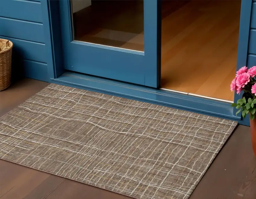 Taupe Brown And Ivory Striped Washable Indoor Outdoor Area Rug Photo 1