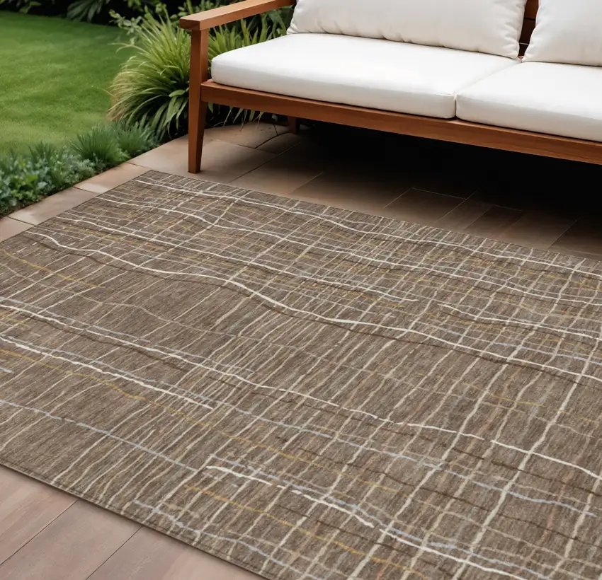 Taupe Brown And Ivory Striped Washable Indoor Outdoor Area Rug Photo 1