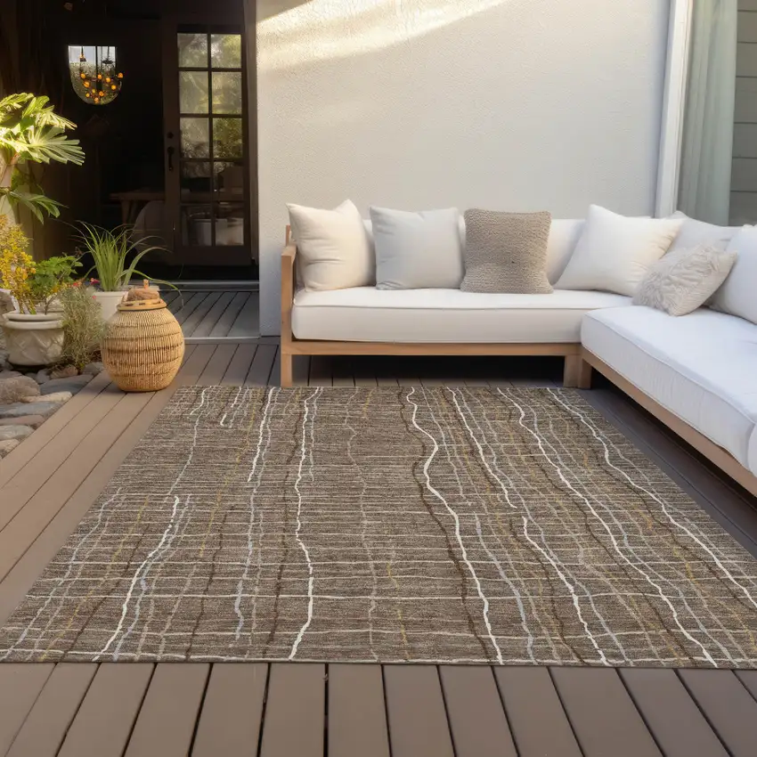 Taupe Brown And Ivory Striped Washable Indoor Outdoor Area Rug Photo 9