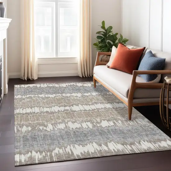 Taupe Brown And Ivory Striped Washable Indoor Outdoor Area Rug Photo 8