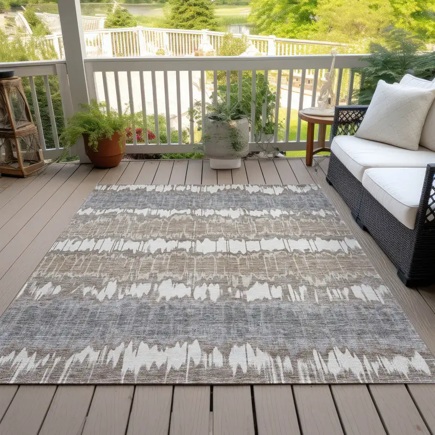 Taupe Brown And Ivory Striped Washable Indoor Outdoor Area Rug Photo 7