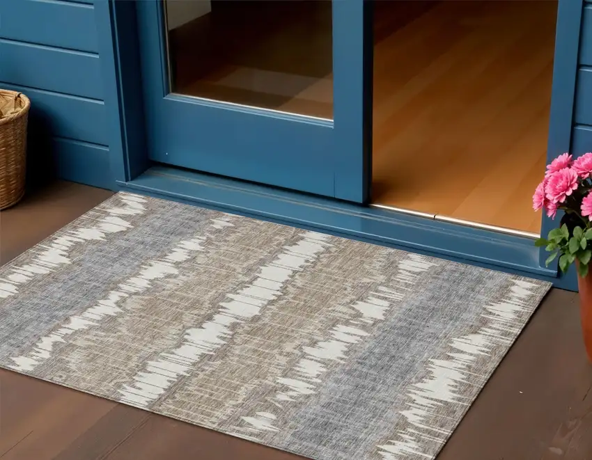 Taupe Brown And Ivory Striped Washable Indoor Outdoor Area Rug Photo 1